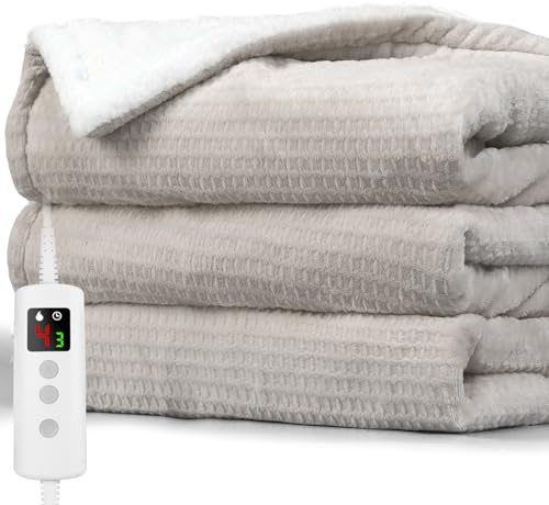 PROALLER Heated Blanket Electric Throw Waffle160x130CM, 10 Levels &1-9H Timer Auto-Off, Machine Washable, Soft Flannel Sherpa Full Body Warming, Sofa Bed Office Use, Heating Blanket