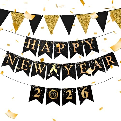 Silvester Deko Girlande Set 2026 – 3er Happy New Year 2026 Girlanden in Schwarz-Gold für Glamouröse Neujahrsparty & New Year Decoration