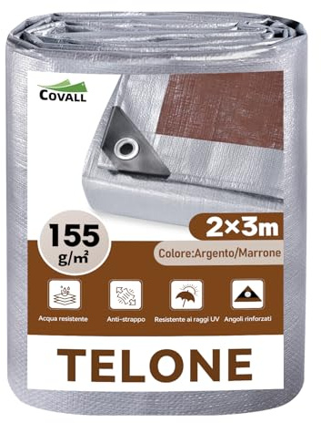COVALL Telone Argento/Marrone 2x3m 155g/m² Impermeabile, Anti-UV | con occhielli rinforzati, telo protettivo multiuso per barche, legno, piscina, mobili da giardino, auto
