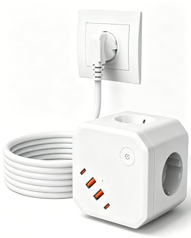 Multiprise Cube 8-en-1 avec USB C, Prise Multiple 4 AC avec Interrupteur, Protection Contre Les surtensions, Multi Prise 3680W avec Câble d’Extension – Idéal pour Bureau, Domicile