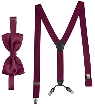 Massi Morino Hosenträger mit Fliege Weinrot Set für Herren und Damen I Y-Form Träger elastisch mit extra starken Clips - 3,5cm breit - längenverstellbar I Vorgebundener Schlips für Anzug