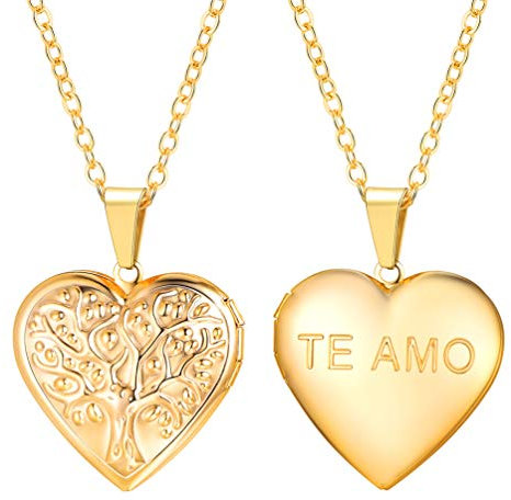 PROSTEEL Collier Femme Coeur Plaqué Or Chaîne Pendentif Médaillon Porte-Photo Personnalisable avec Motif Arbre de Vie Gravure Te AMO Bijoux Moderne pour Fille Cadeau Saint Valentin (Doré)