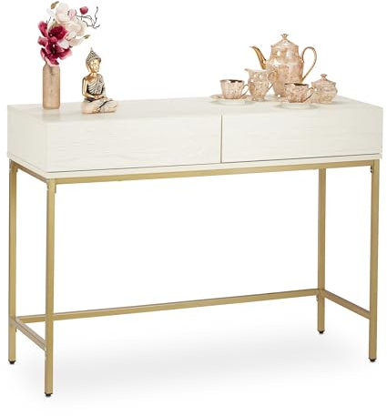 relaxdays Table de Console, 2 tiroirs, Meuble d’appoint Aspect Bois, Salon, Couloir, HLP 80x110x40 cm, Blanc/doré