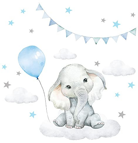 Little Deco Wandtattoo Kinderzimmer Junge Deko Wandsticker Baby Elefant mit blauem Luftballon Sterne Wolken Safari Boho Wandbild selbstklebend Kinder DL539-57