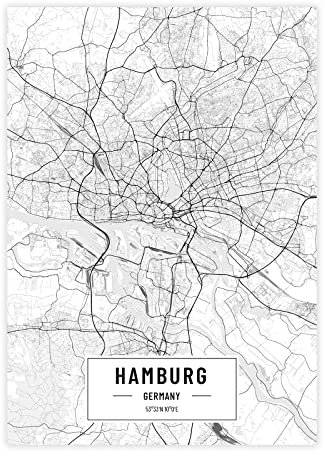 Städteposter Hamburg in schwarz-weiß · Wandbild mit Stadtplan · DIN A4 (21x29,7cm) · als Dekoration oder Geschenkidee · Var. F