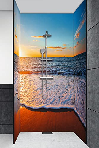 ARTLAND Duschrückwand Eck mit Motiv Alu Rückwand Dusche Bad Verkleidung wasserfest Duschwand Größe personalisiert 3 Segmente Platten Sonnenuntergang und das Meer S7LE