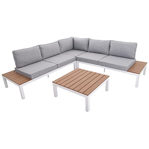 Raburg XXL Gartenlounge Sunday, Alu in WEIß, Kunststoff in MITTEL-BRAUN mit Polster Stein-GRAU-MELIERT, 4-TLG. Premium, variabel & flexibel, für bis 5 Personen, große Sitzgruppe