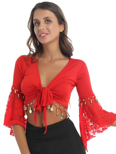 renvena Bauchtanz Kostüm Damen Sexy Crop Top Bauchfrei Oberteil Tops Wickeljacke Tanzjacke mit Quasten Münzen Frauen Belly Dance Tanzbekleidung Rot L