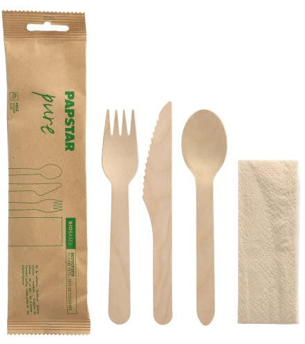 Papstar Bestecksets, Holz pure natur Messer, Gabel, Löffel, Serviette in Papierbeutel (50 Stück)
