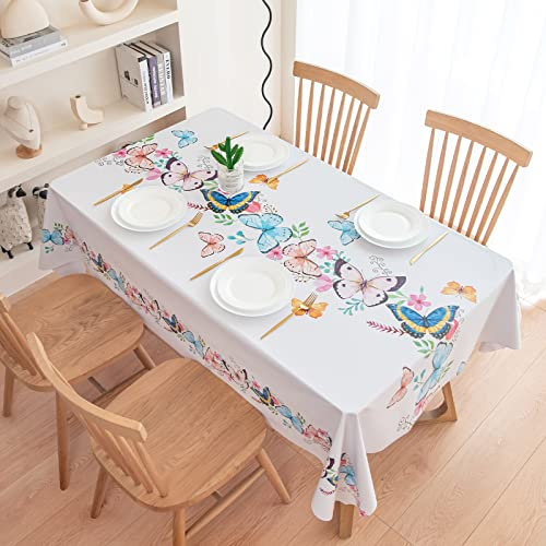 PUDSIRN Wipe Clean Rectangular Tablecloth, White Butterfly Flower Pattern PVC Wipeable Table Cover, Waterproof Dust Resistant Plastic Party Table Cloth for Picinc Birthday Weddings(140 x 200 cm)