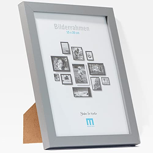 M MERCEO Cadre photo moderne et intemporel en bois MDF gris pour petites photos et images de 15 x 20 cm avec protection en verre acrylique inclus. Il peut être utilisé comme support de table ou à
