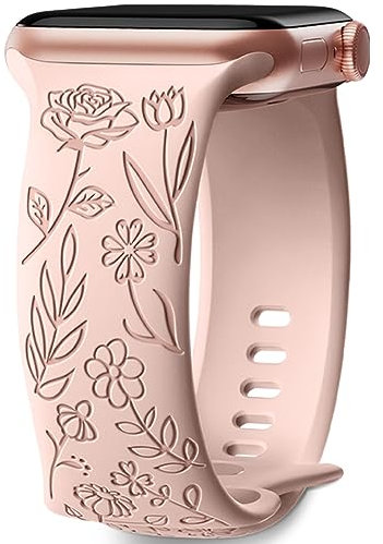 Mastten Intagliato Fiore Cinturino Compatibile con Cinturino Apple Watch 42mm 44mm 45mm 49mm, Morbido Silicone Elegante Modello Rosa Cinturino per Apple watch series 8 7 6 5 4 3 2 1 SE, Rosa Sabbia