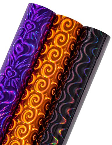 LeZakaa Holografische Geschenkpapierrolle – Mini-Rolle – lila Herz/orangefarbene Spirikel/schwarze gewellte Streifen für Valentinstag, Geburtstag, Urlaub – 43,2 x 304,8 cm – 3 Rollen (42,5 m²)