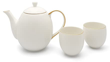 Klassisches Porzellan Teekannen Set 1.2 Liter 3-teilig inklusive Teesieb aus Edelstahl für losen Tee und 2 Teebecher