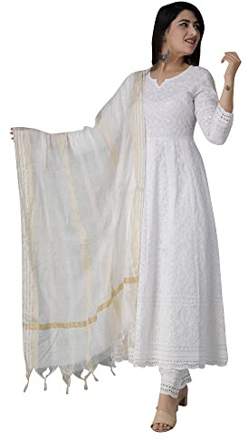 JG JAI GOVINDAM Chikankari Cotton Anarkali Indian Kurti For Women Summer Dress Kurta Pant With Dupatta Set Pakistani Kurta
