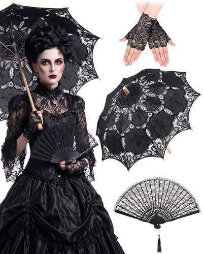Paterr 3 Stück Vintage Spitze Sonnenschirm Gothic Schwarz Spitze Hand Faltbarer Fan Handschuh Lolita Regenschirm für Halloween Hexe Hochzeit Braut Cosplay Fotoshooting Lady Kostüm Requisiten 1920er