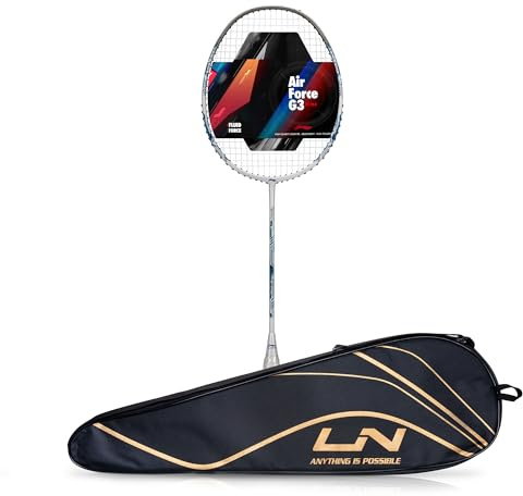 Li-ning Air-Force 77 G3 Badmintonschläger aus Kohlefaser mit vollständiger Abdeckung (77 g, Weiß/Silber/Blau)