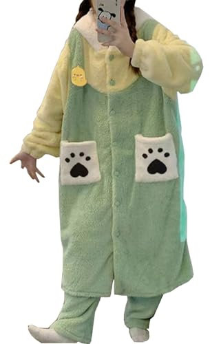 WANHONGYUE Pochacco Pigiama Donna Invernale Vestaglia Lunga in Pile e Pantaloni Due Pezzi Set di Pigiama Caldo Accappatoio in Flanella con Cappuccio Abbigliamento per La Casa Spa Hotel Verde M