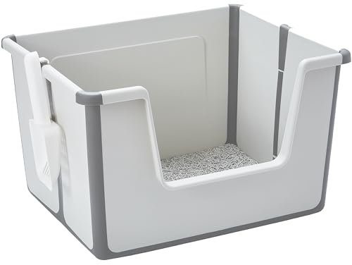 Pawsayes Cat Litter Tray Cat Litter Box with High Sides, Foldable Travel Large Open Top Litter Box for Small and Medium Cats, High Wall Low Entry Anti-Splashing Kitty Toilet with Scoop (Grey)