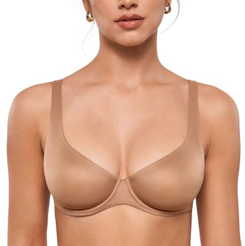 INLYRIC Women's Mesh Balconette Bra Sexy Demi Supportive Comfortable Seamless Underwire Unlined Sheer Bras Gravel Beige - Sheer 36D