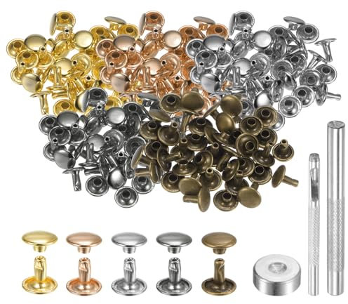 QUARKZMAN 100 Sets Leder Nieten 9mm x 8mm Metall Doppelkappe Nieten Druckknöpfe Befestigungselemente mit 3 Stück Werkzeugen für Lederhandwerk DIY Reparatur Dekoration, Mehrfarbig