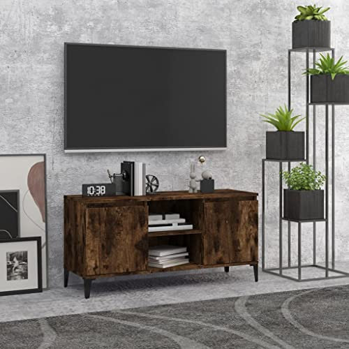 Pxznbe Mesa para TV de roble ahumado, 103,5 x 35 x 50 cm, aglomerado, mueble para TV con 2 estantes y 2 compartimentos, estilo industrial, soporte para TV o salón con cuatro patas de metal