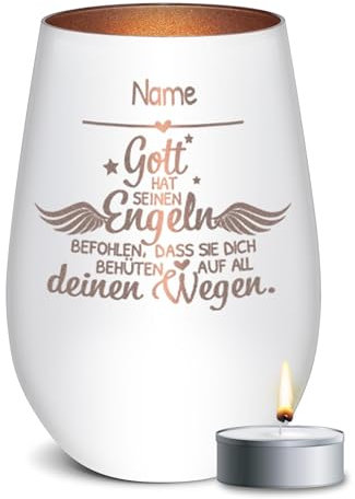 PR Print Royal Weißes Windlicht mit Gravur - Gott hat seinen Engeln befohlen - mit Name gravieren - Geschenke zur Taufe, Kommunion, Konfirmation | inkl. Teelicht, 450 ml, Innen Bronze