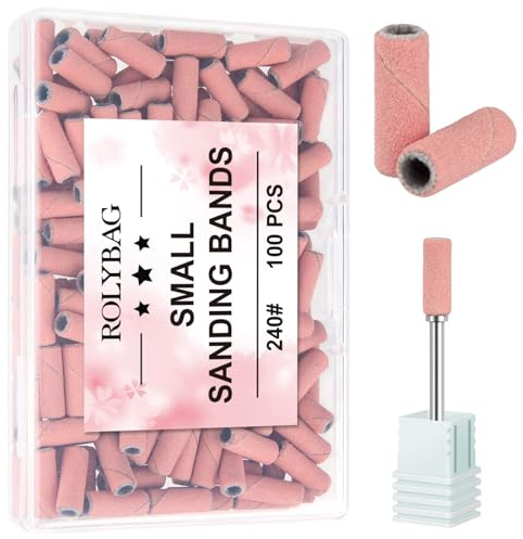 Rolybag 100 Pieces Small Sanding Belts Nail Drill Bits 240 Extremely Fine Grit Nail File Sanding Belts with 3.1mm Mandrel Bit for Acrylic Nails Gel Shape Removal Professional Manicure and