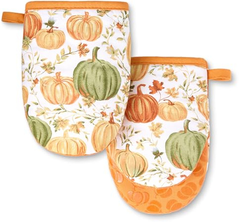 MARTHA STEWART Autumn Harvest Pumpkins Mini Oven Mitt 2-Pack Set, 100% Cotton with Decorative Non-Slip Silicone Grip, Heat Resistant, Orange/Green/Ivory, 5.5X8