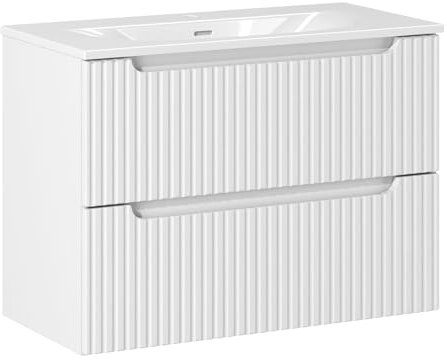 Lomadox Badezimmer Waschtisch 80cm mit Keramikwaschbecken, weiß mit gerillter Front