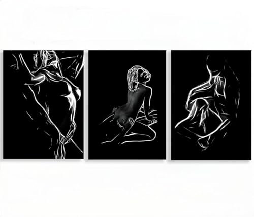 PZMZMCA Sexy Körper Frauen Mann Wandkunst Schwarz-Weiß Leinwand Gemälde Akt Paar Poster Drucke für Wohnzimmer Wand Dekor-40x50cmx3 Rahmenlos
