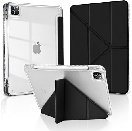MuyDoux Funda Origami para iPad Pro 11 Pulgadas 4ª 3ª 2ª 1ª Generación 2022/2021/2020/2018 con Portalápiz, Soporte Vertical y Horizontal, Carcasa Trasera Transparente Clara Antigolpes, Negro
