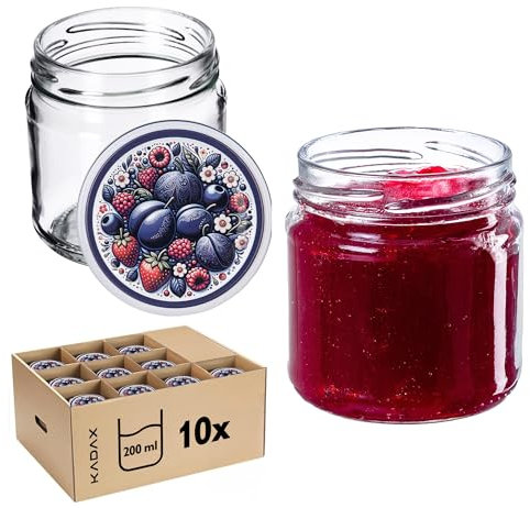 KADAX Lot de 10 petits pots de conserves de 200 ml fi66 mm mini pots à miel et épices, bocaux hermétiques, bocaux à conserves, bocaux ronds (fruits d'été)