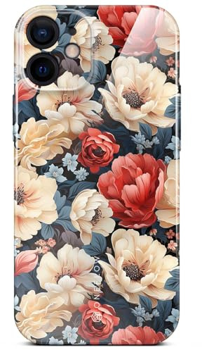 ONEFLOW Flower Cover für iPhone 12 Hülle in Floral Optik, Blumen Designer Case Handy Schutzhülle mit Kameraschutz, Hardcase dünne Handyhülle Blumenmuster, Weiß Rot