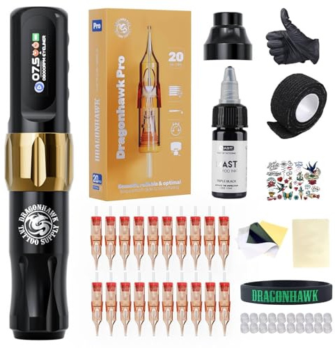 Dragonhawk Atom2 Tattoo Kit Wireless Tattoo Machine Pen 2.8mm Stroke 20 Cartridges Needles for Beginners Rca Jack Part Supply Gold Color