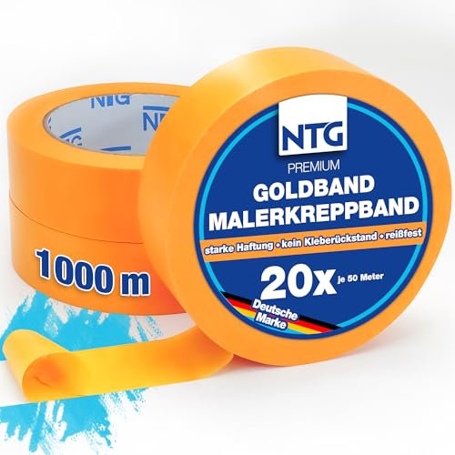 NTG Premium Goldband 20 Rollen 30 mm × 50 m = 1000 m Profi Malerband für Perfektes Kanten Kreppband, Abklebeband & Washi Tape Extra Starkes Abdeckband