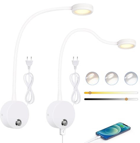 ERWEY 2 Stück LED Leselampe Wandmontage, Wandleuchte mit Touch-Dimmer (3000-6000K), 4W Bettlampe mit 360° Flexiblem Schwanenhals und USB-Ladeanschluss für Bett, Schlafzimmer (Weiß)