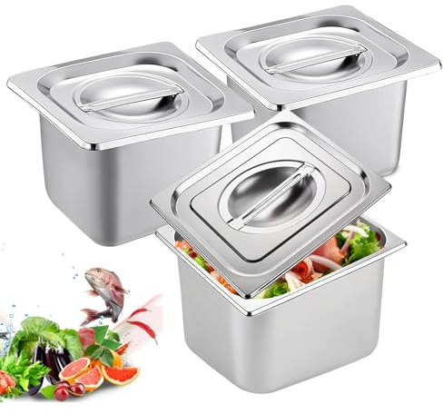 Set mit 3 Behältern GN 1/6 – Gastrobehälter aus Edelstahl mit Deckel – hitzebeständig, lebensmittelecht und ideal für Küche, Buffet und Catering