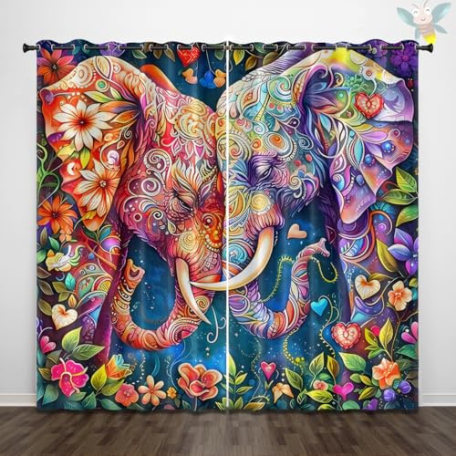 ZZTBQ Boho Verdunkelungsvorhang Kurz Ösenvorhang BöHmisches Elefanten Tier2er Set H 150 x B 90 cm Scheibengardinen Wohnzimmer Blickdichte Vorhänge mit Ösen Mandala Blumenmuster Druck Gardinen