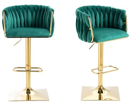 LIFEISLE Samt Barhocker 2er Set,Barstuhl Höhenverstellbar 360° Drehbar mit Metallrahmen Küchenhocker Bistrohocker Tresenhocker mit Fußstütze Grün