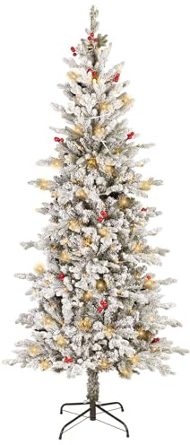 Vorbeleuchteter künstlicher Weihnachtsbaum 185cm, schneebedeckter schlanker Bleistift-Weihnachtsbaum mit 200 warmweißen LED-Lichtern, volle Zweigspitzen, Weihnachtsdekoration für drinnen, draußen, zuh