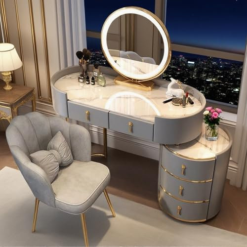 Vofikoli Schminktisch mit Beleuchtung und Stuhl, Frisiertisch mit Dreifarbiger Smart-Spiegel, Kosmetiktisch mit 5 Schubladen, Make up Tisch für Modern Schlafzimmer (Grau, 80cm)
