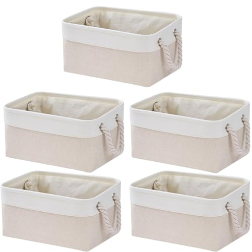 Punklong 5 Pack Small Storage Baskets with Cotton Rope Handles,Foldable Fabric Canvas Material Storage Baskets Fit for Clothes, Cat Dog Toys, Office Product ,Gift Basket 31 x 21 x13 cm