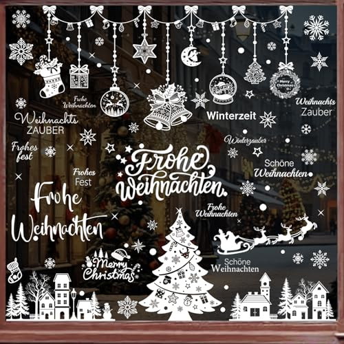 10 Bögen Fensterbilder Weihnachten Selbstklebend PVC Fensteraufkleber mit Frohe Weihnachten und Häuser Motiven Weihnachtsdeko Fenster Fensterdeko für Weihnachten, Fensterbilder Winter, Neujahr