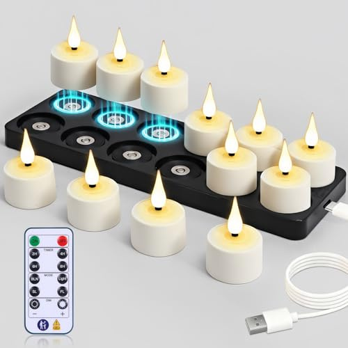 yunsheng 12Stk Magnetische Wiederaufladbare Teelichter Fernbedienung Timer | Ladestation, 100+std Batteriebetriebene Aufladbar Flammenlose LED Kerzen, Warme Flackern für Haus Kerzenhalter Dekoration