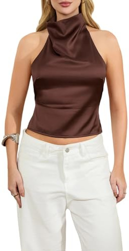 QLQLWDD Women Y2K Sleeveless Halter Neck Satin Top Open Back Mock Neck V Neck Cami Blouse Beach Party Going Out Streetwear