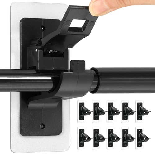 10 Pcs Curtain Pole Brackets No Drill Curtain Rod Holders Self-Adhesive Drapery Hook Holder for Bathroom Kitchen and Bedroom, Black
