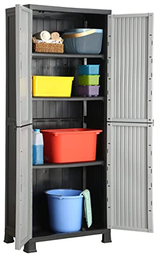 Bucmath Kunststoffschrank 68x39x171,5 cm, Grau, mit 2 Türen, 4 verstellbaren Einlegeböden, abschließbar, ideal für Garage, Küche, Büro, Mehrzweck-Aufbewahrungsschrank