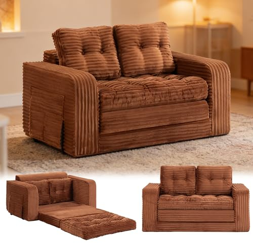 Faltbares Schlafsofa, Tragbarer Stuhl-Bett-Komfortable Bodensofa, Umwandelbarer Schlafsessel mit Kissen, Cord-Stoffbezug Sessel Schlafcouch, für Wohnzimmer und Schlafzimmer (2 Sitzer Sofa, Braun )