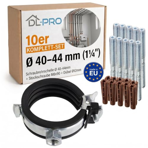 DL-PRO Schraubrohrschelle Ø 40-44mm (1¼) EPDM Schallschutz 10er Set mit Stockschraube M8x90 & Dübel – DN32 Cu42 HT DN40